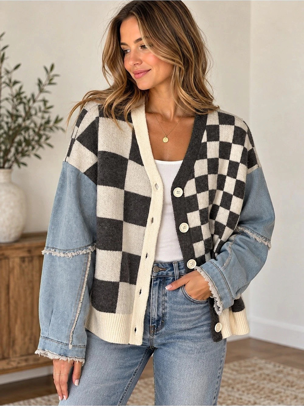 mello. Checkered Denim Patchwork Cardigan. Black & Cream Size Small
